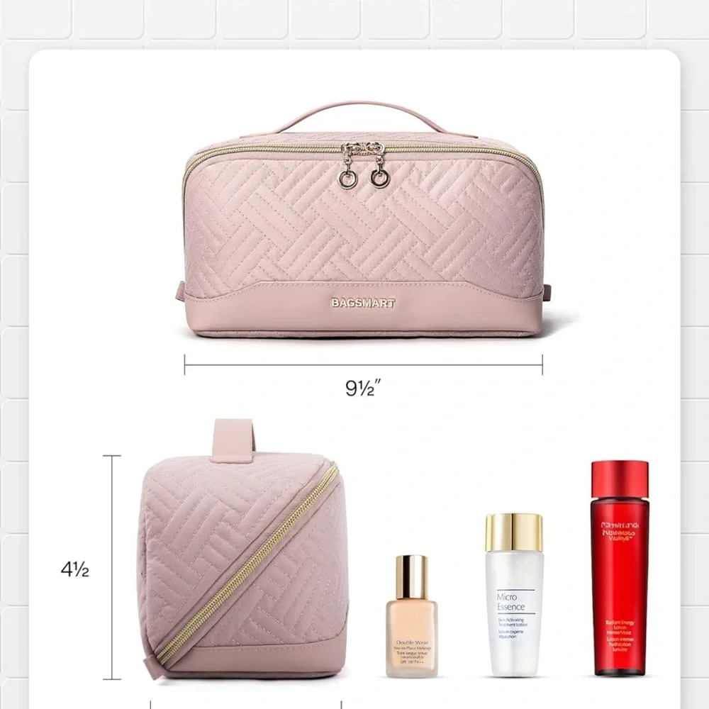 BAGSMART Quilted Blush Pink Travel Cosmetic Case